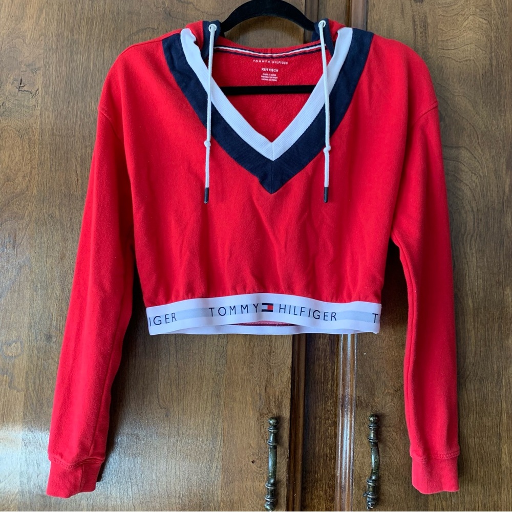 Tommy Hilfiger Red Cropped V-Neck Hoodie Sweater